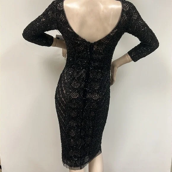 Theia beaded long sleeves V-Back midi dress -  www.threedaughtersproperties.com
